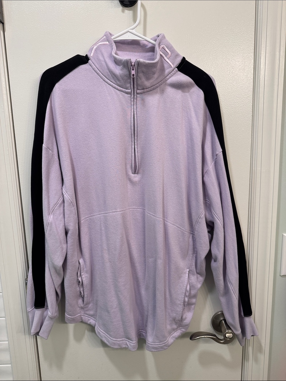 PINK Victoria's Secret Lilac Quarter-Zip Fleece with Black Shoulder Stripes